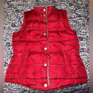 Red Plaid Woman’s Puffer Vest with Fleece Lined Button Closure